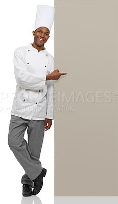 Buy stock photo Billboard, portrait and black man chef with hand pointing to studio for checklist, menu or space on white background. Bakery, presentation or baker face with food tips poster, guide or steps mock up