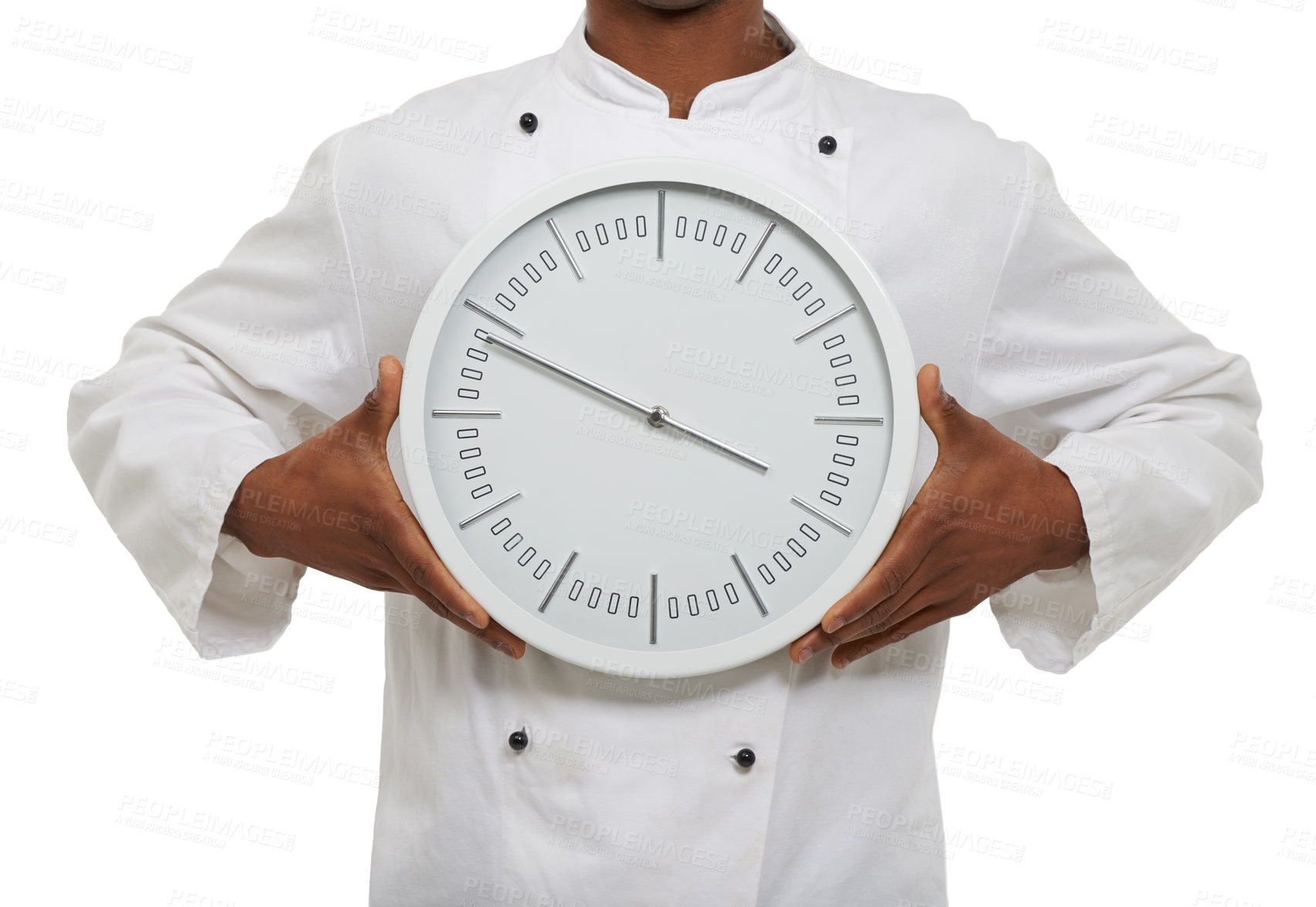 Buy stock photo Chef, hands and clock for speed, time or deadline isolated on a white studio background. Closeup, cooking countdown or alarm, schedule or hour arrow for fast urgency in catering service at restaurant