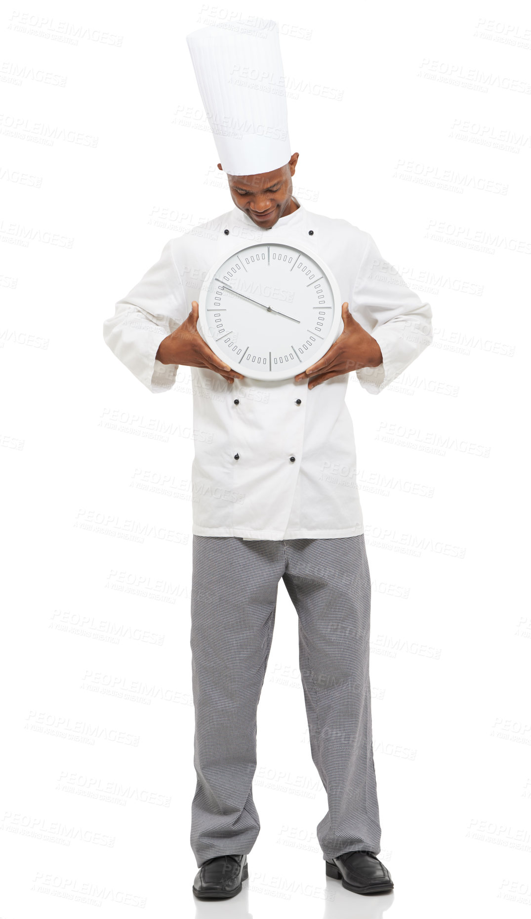 Buy stock photo Chef, smile and man with clock for time, speed or deadline isolated on white studio background. Cooking professional, countdown alarm or fast urgency of African person in restaurant catering service