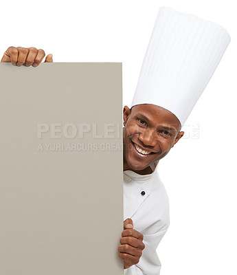 Buy stock photo Portrait, banner or black man chef with studio poster for checklist, menu or space on white background. Bakery, presentation or baker face with food, cooking or tips billboard, guide or steps mockup
