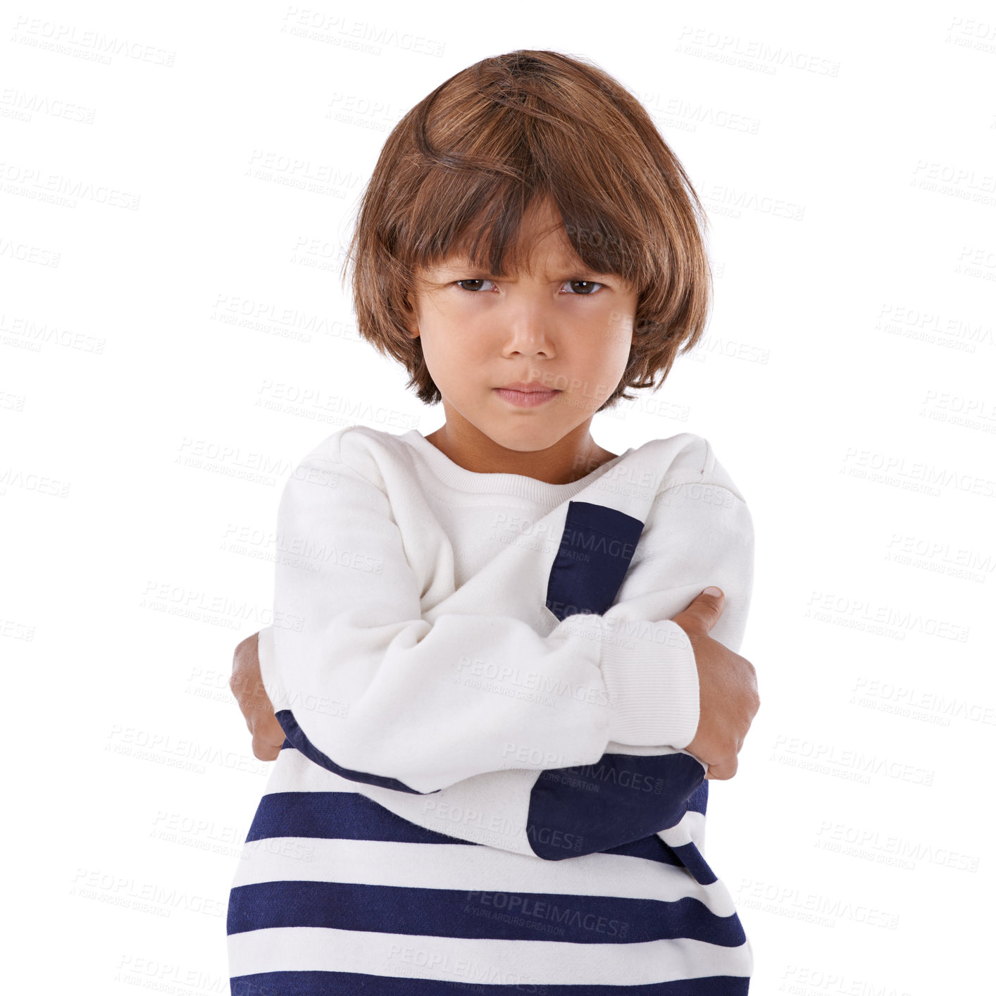 Buy stock photo Boy, child and angry in portrait with arms crossed, frustrated and stress, emotion and frown on white background. Youth, upset or disappointed with tantrum, bad attitude with problem in studio