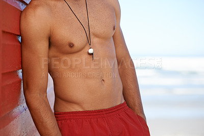 Buy stock photo Muscular man, lifeguard and whistle at beach for security, emergency or help in surveillance, alert or safety at bay. Person, athlete or professional swimmer ready to assist on mockup space at ocean