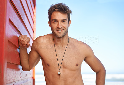 Buy stock photo Happy man, portrait and lifeguard on beach for rescue, bay watch and security or outdoor swimming in health and safety. Face of male person or professional swimmer smile in fitness for patrol at sea