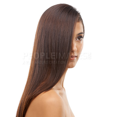 Buy stock photo Hair care, health and young woman in studio for cosmetic, salon and beauty treatment. Wellness, confident and female person with shiny, long and conditioner hairstyle routine by white background.
