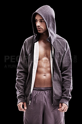 Buy stock photo Fitness, body or fashion for thinking man in studio with hoodie for sporty, style or clothes choice on black background. Jacket, chest or guy model with cool, gym or health outfit or confidence