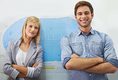 Buy stock photo Travel agency portrait, arms crossed and happy business people, International agent or partner smile with world map. Confidence, collaboration or planning team working on holiday destination location