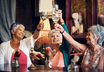 Buy stock photo Cheers, wine and celebration with elderly friends in home for bonding, laugh and relax. Retirement, toast and happiness with group of senior people with drink for social, memory and support together