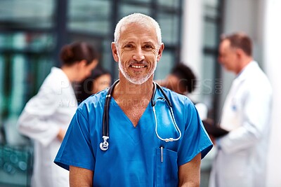 Buy stock photo Healthcare, portrait of senior doctor or nurse with smile in hospital, happiness and support in medical career. Health care, confidence and medicine, happy man or nursing professional in workplace.