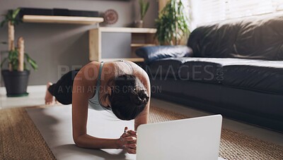 Buy stock photo Laptop, fitness and woman in plank position on a floor for exercise, cardio and resilience training in her home. Online, pilates and female push up in a living room with balance, focus and workout