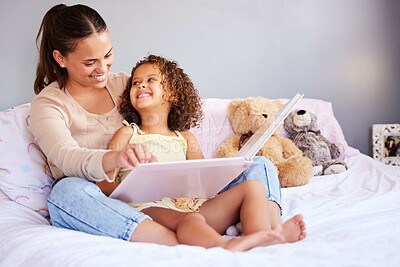 Buy stock photo Storytelling, book and mother with daughter in bedroom for teaching, fantasy or creative in bed. Education, learning and love with woman reading to relax girl in family home for fairytale, literature