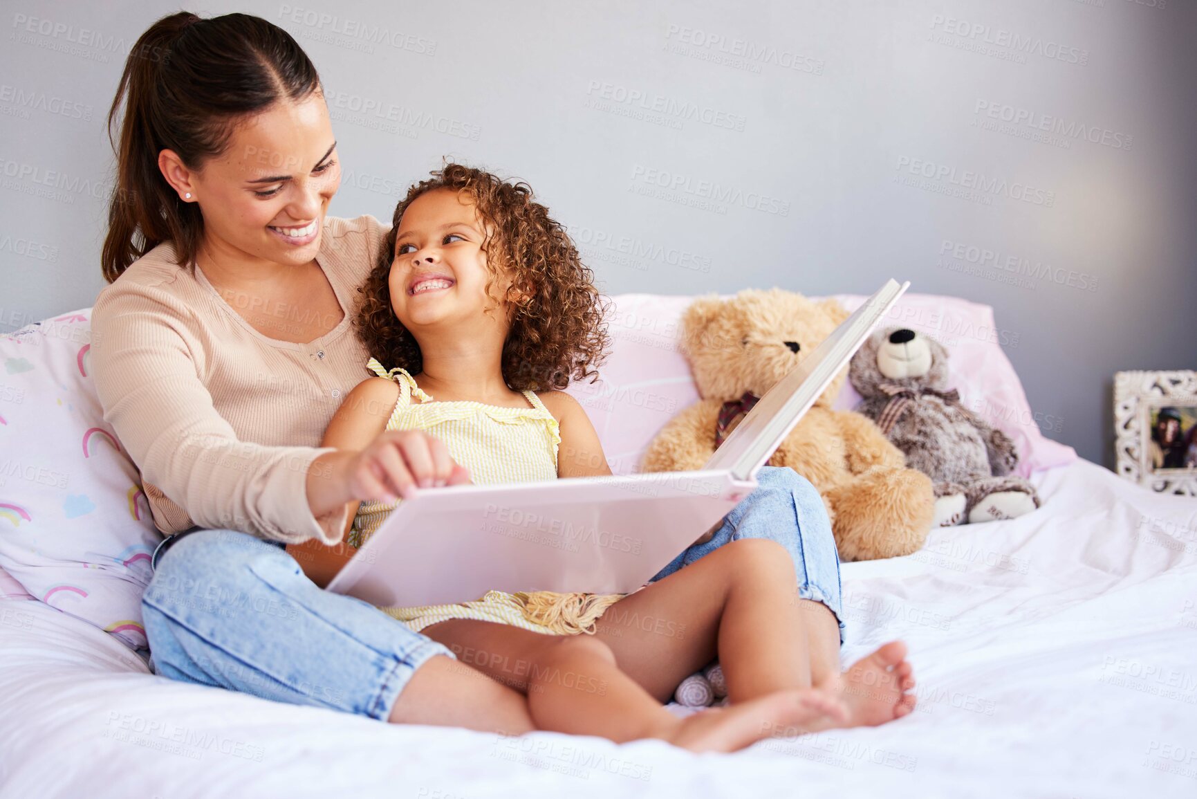 Buy stock photo Storytelling, book and mother with daughter in bedroom for teaching, fantasy or creative in bed. Education, learning and love with woman reading to relax girl in family home for fairytale, literature