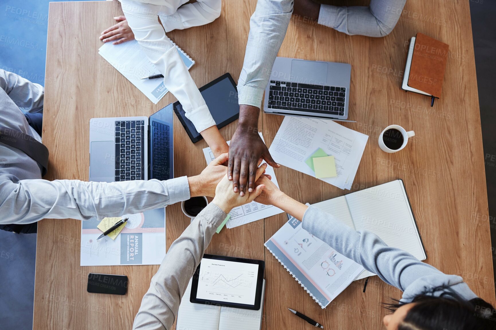 Buy stock photo Hands in stack, teamwork or top view of business people in collaboration for mission goals in company. Partnership, diversity or employees in meeting with strategy, motivation or support in office 