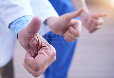 Buy stock photo Hands, doctor and professionals with thumbs up, medical and agreement with teamwork and cooperation. Feedback, review and hand gesture in hospital with thank you or support with healthcare or closeup