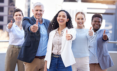 Buy stock photo Thumbs up, smile and portrait of business people in city for collaboration, diversity and unity. Confident, pride and happy group of professional designers with approval gesture for teamwork in town.