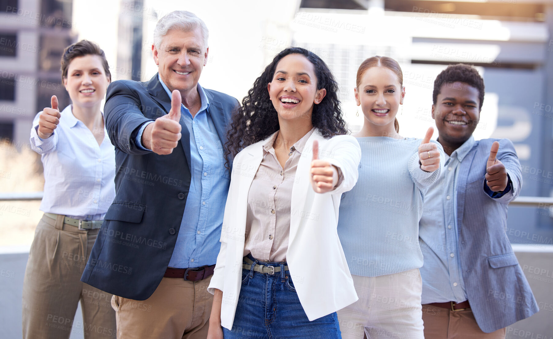 Buy stock photo Thumbs up, smile and portrait of business people in city for collaboration, diversity and unity. Confident, pride and happy group of professional designers with approval gesture for teamwork in town.