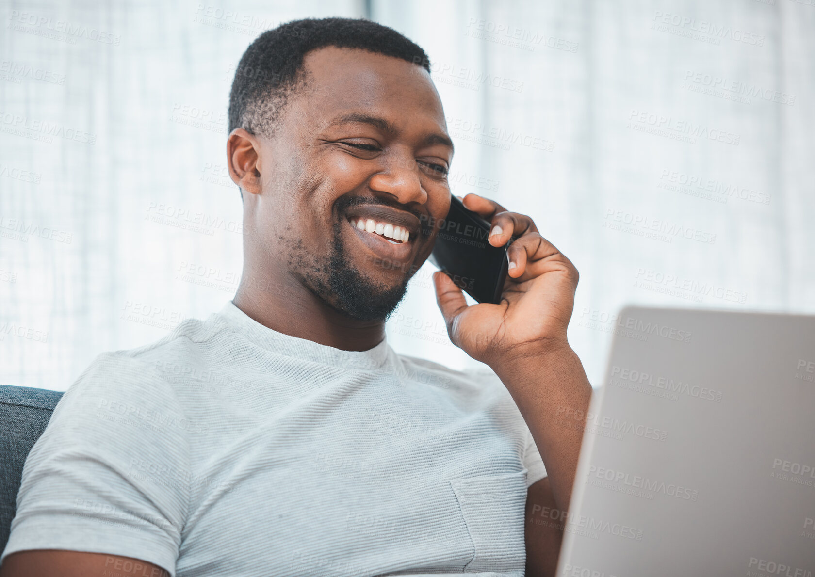 Buy stock photo Home, phone call or happy black man with laptop, project or smile in conversation networking online. Digital freelance, email or African person talking for news update, idea or planning on technology