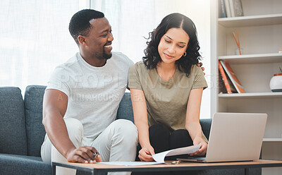 Buy stock photo Couple, laptop and couch with taxes, happy and paperwork with finance, planning and budget in home. Man, woman and interracial love with computer, documents and excited for financial freedom on sofa