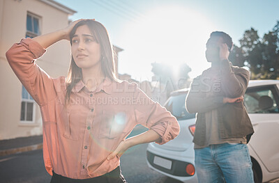 Buy stock photo Couple, car and stress in street with breakdown, problem and thinking with emergency in metro city. People, vehicle or transportation on road with phone call, technical error and mistake with engine