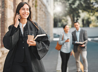 Buy stock photo Lawyer, woman and phone call with smile in city for law, justice or human rights with advice for job at court. Attorney, advocate and person with book, contact or documentation for evidence in street