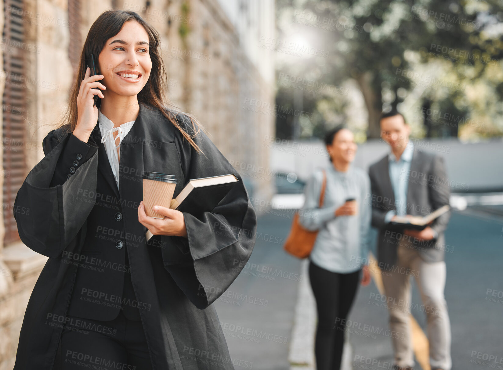 Buy stock photo Lawyer, woman and phone call with smile in city for law, justice or human rights with advice for job at court. Attorney, advocate and person with book, contact or documentation for evidence in street