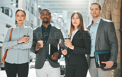 Buy stock photo Lawyer, people and team with portrait outdoor on break for relax, travel or commute to law firm in city street. Legal, attorney and collaboration with face, confidence or diversity for court meeting