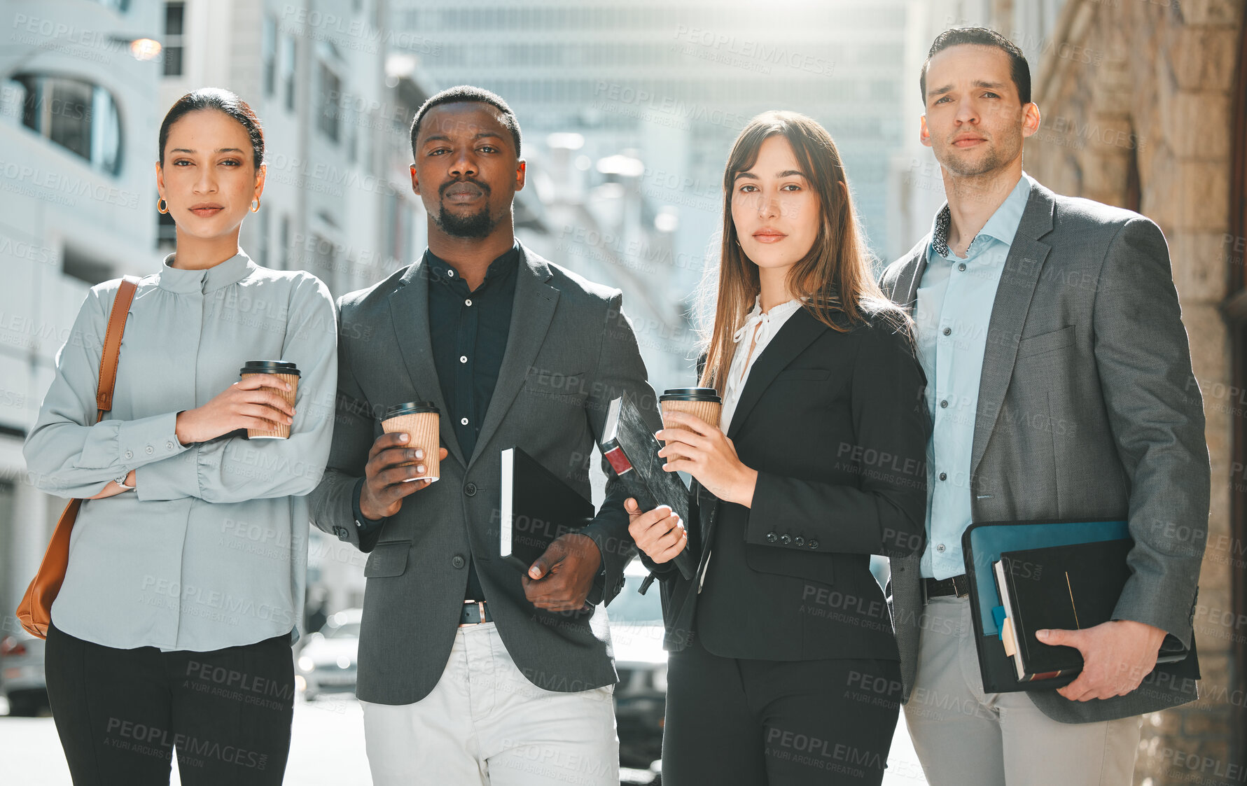 Buy stock photo Lawyer, people and team with portrait outdoor on break for relax, travel or commute to law firm in city street. Legal, attorney and collaboration with face, confidence or diversity for court meeting