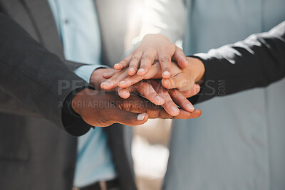 Buy stock photo ​​Business, people and hands together for teamwork, support or collaboration with company goals, success and mission. Employees or professional group in circle with stack for target and staff power