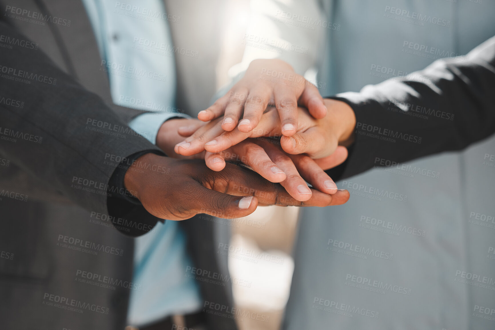 Buy stock photo ​​Business, people and hands together for teamwork, support or collaboration with company goals, success and mission. Employees or professional group in circle with stack for target and staff power