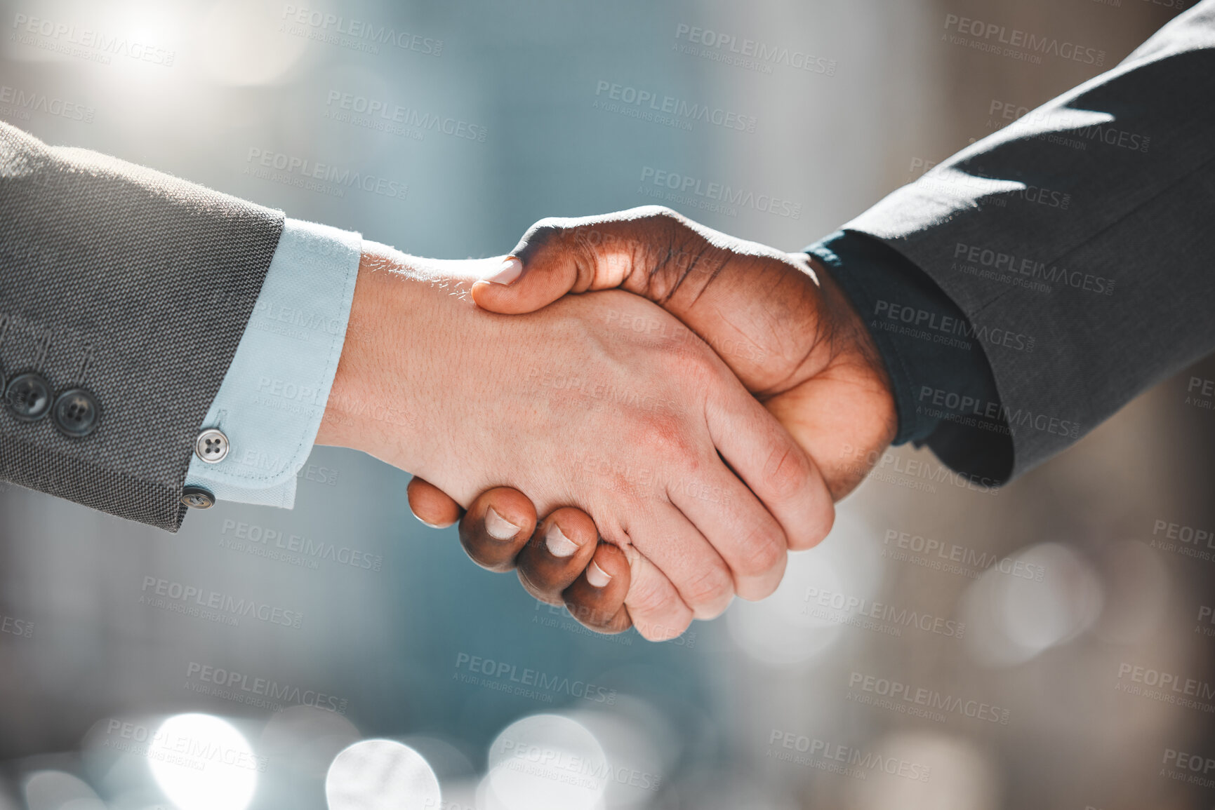 Buy stock photo Business people, handshake and introduction in city, outdoors and greeting or recruitment. Partnership, closeup and integration or support in collaboration, network and thank you for hiring or bokeh