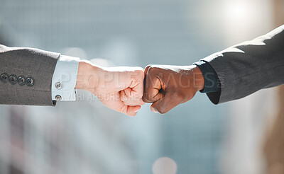 Buy stock photo Business people, fist bump and integration in meeting, outdoors and greeting or collaboration. Partnership, closeup and agreement or support in solidarity, trust and teamwork at work or diversity