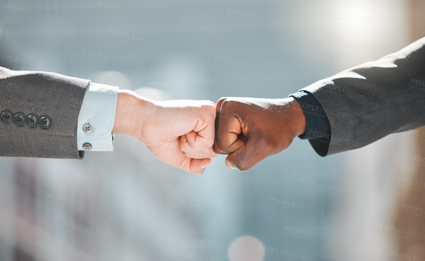 Buy stock photo Business people, fist bump and integration in meeting, outdoors and greeting or collaboration. Partnership, closeup and agreement or support in solidarity, trust and teamwork at work or diversity