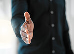 Business, person and shaking hands for introduction, welcome or partnership with POV offer or agreement. Corporate worker or employer with handshake for b2b or clients onboarding, success or greeting