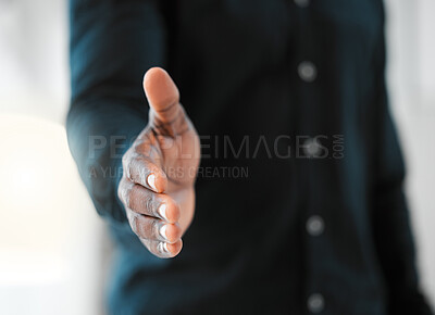 Buy stock photo Business, person and shaking hands for introduction, welcome or partnership with POV offer or agreement. Corporate worker or employer with handshake for b2b or clients onboarding, success or greeting