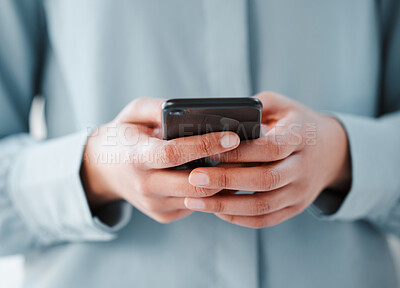 Buy stock photo Closeup, hands and business with person, cellphone and typing with connection and professional. Consultant, employee and entrepreneur with smartphone and mobile user with social media and digital app