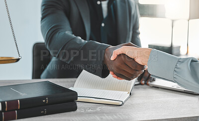 Buy stock photo Lawyer, office and shaking hands for success in meeting, partnership and agreement or deal at a law firm. Professional attorney, notary and clients handshake for thank you, onboarding or consultation