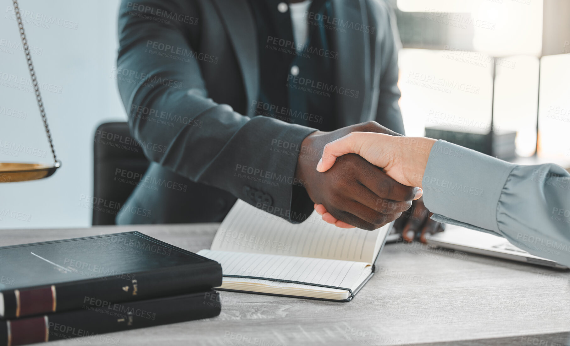 Buy stock photo Lawyer, office and shaking hands for success in meeting, partnership and agreement or deal at a law firm. Professional attorney, notary and clients handshake for thank you, onboarding or consultation