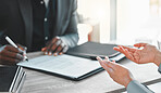 Hands, discussion and lawyer writing notes in office for legal case with contract for client. Conversation, career and closeup of person talking to attorney for justice information in workplace.