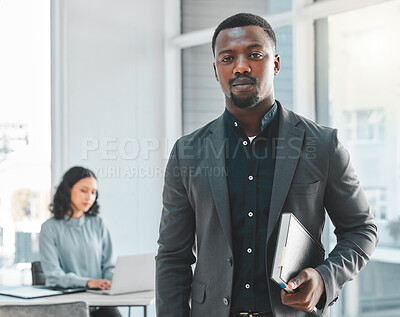 Buy stock photo Businessman, portrait and serious with book in office for corporate knowledge in law and justice learning or study. Legal advisor, african person and face with confidence and pride at workplace