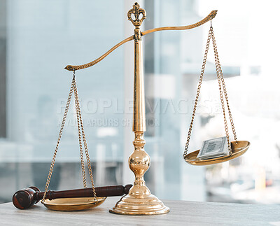 Buy stock photo Scale, gavel and money for fraud, business and professional with illegal trade and breaking the labour law. Empty, weigh and corporate with court judgement or financial with settlement, scam or crime