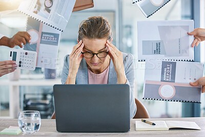 Stress, anxiety and burnout with a female leader, manager and CEO feeling overworked while multitasking with a laptop in an office. Suffering from a headache while juggling tax, finance and paperwork