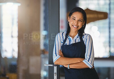 Buy stock photo Cafe or coffee shop barista, entrepreneur and female small business owner of successful modern startup or restaurant. Happy, positive and empowered woman leader with welcoming door open for business