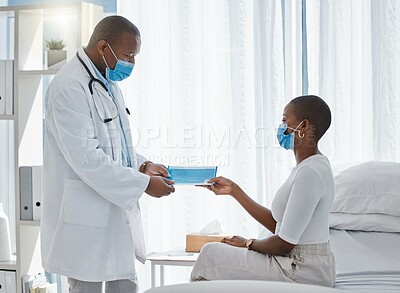 Buy stock photo Covid doctor giving infographic or brochure about us page to patient in a healthcare clinic for more help, trust or insurance information. Medical professional giving marketing document to woman