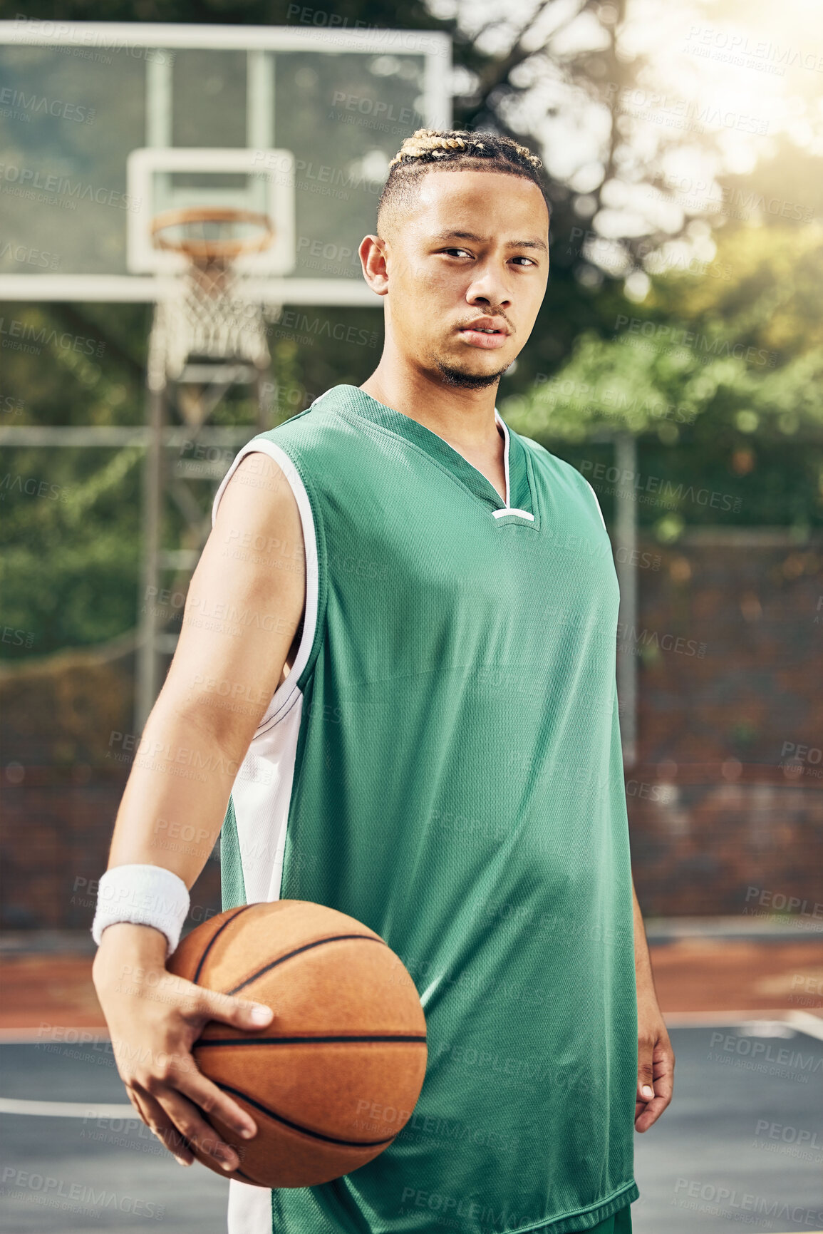 Buy stock photo Basketball portrait, sports game and man training for professional fitness event on court during summer. African athlete with determination doing cardio during sport exercise for competition 