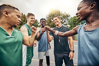 Buy stock photo Basketball, sport and motivation with a team and sports coach after a game or practice on a court outdoor. Collaboration, teamwork and fitness with a group outside for exercise, workout and health