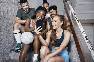 Buy stock photo Selfie, smartphone and soccer people for sports social networking team, 5g international communication or connection on stairs. Diversity athlete football friends using phone for a social media post