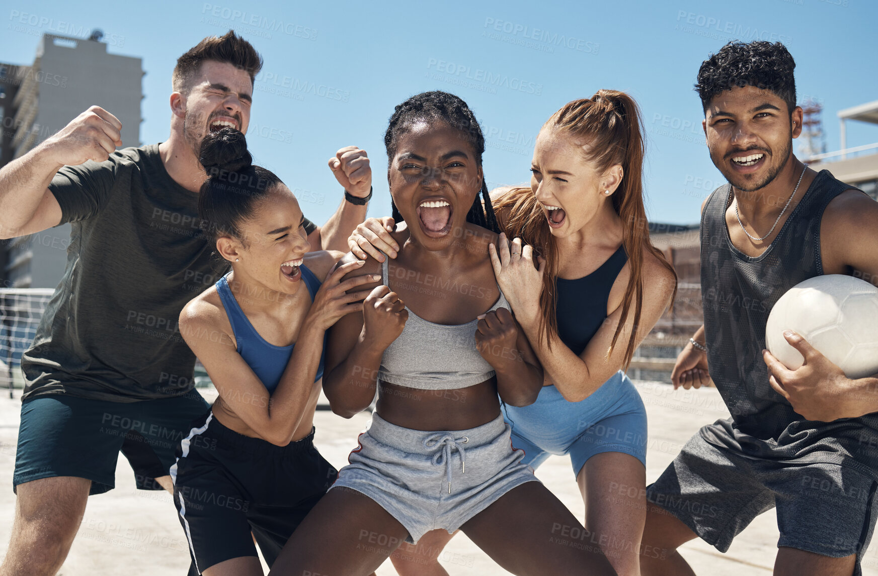 Buy stock photo Sports soccer, winner celebration or team excited over game, competition or tournament victory. Crazy high energy, fitness training or diversity teamwork motivation, success or football athlete cheer