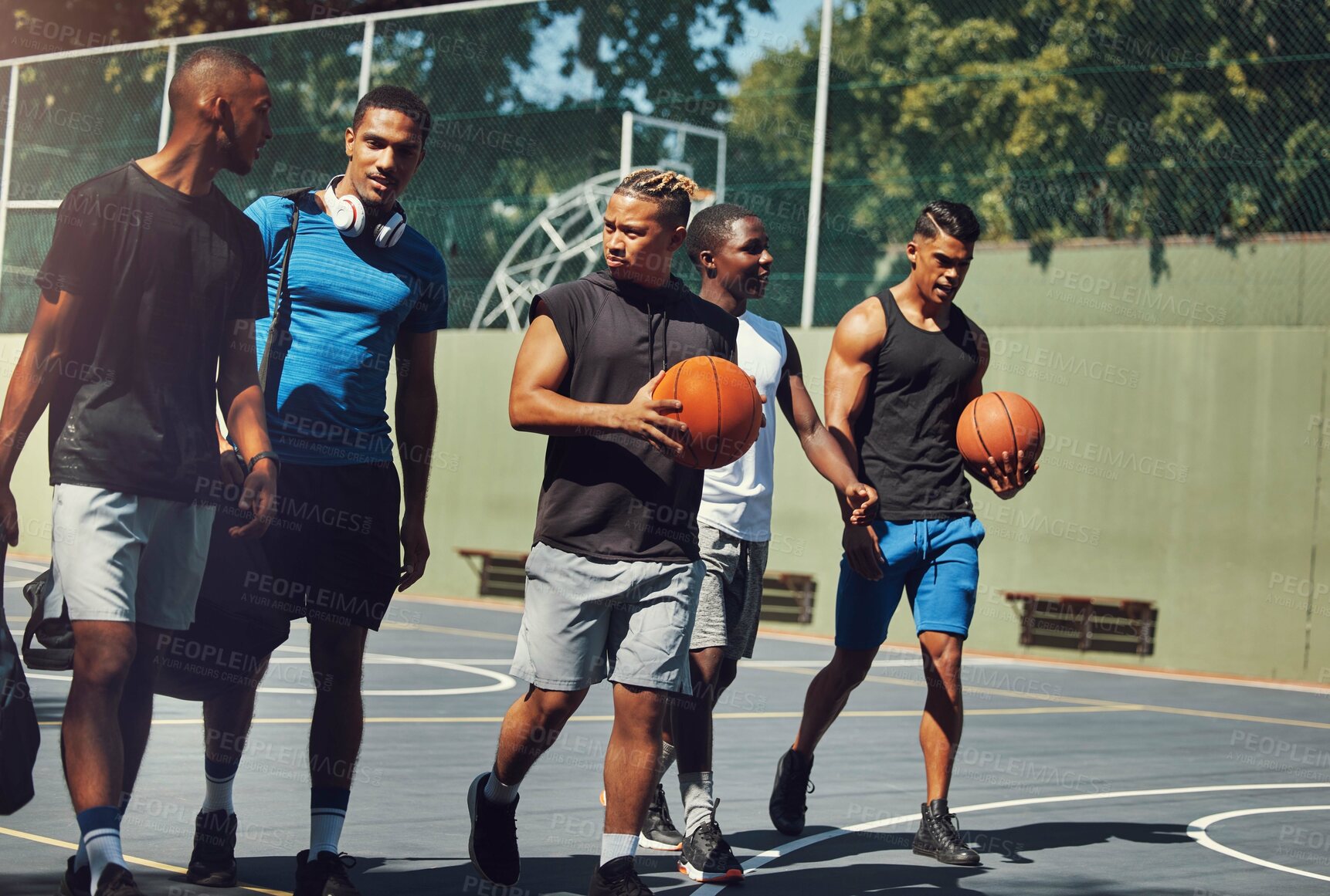 Buy stock photo Sports, team and basketball player friends walking off together after street game, competition or practice match. Basketball court, fitness and black people talking after workout or training exercise