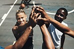 High five, teamwork and basketball in closeup at game, training or match on basketball court. Basketball player, team and smile together for sport, fitness and wellness for team building in workout