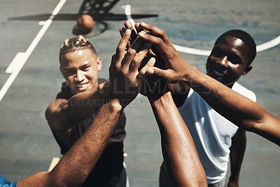 Buy stock photo High five, teamwork and basketball in closeup for support, motivation or match on basketball court. Basketball player, team and smile together for sport, game and success for team building in workout