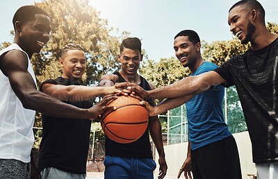 Buy stock photo Basketball court teamwork, support and motivation of healthy competition, social game or happy friends outdoor. Athlete group celebration, solidarity and sports partnership of winner, trust and goals